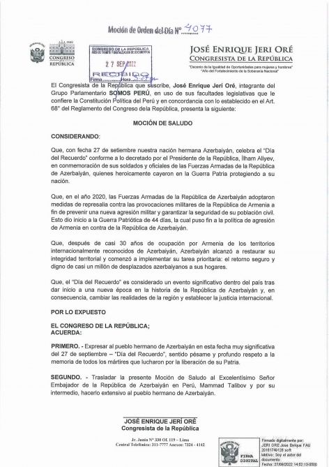 Peru Konqresi Azərbaycanın Anım Günü ilə əlaqədar bəyanat qəbul edib