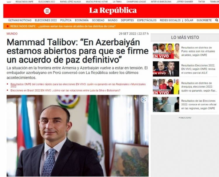 Peru mətbuatında Ermənistanın son hərbi təxribatı barədə danışılıb