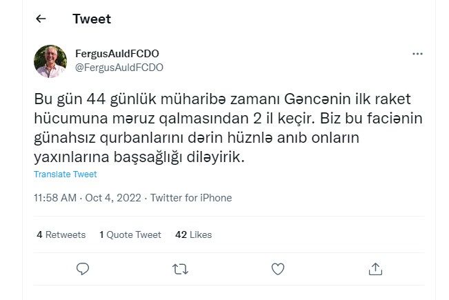 Britaniya səfiri Gəncə terroru ilə bağlı paylaşım edib