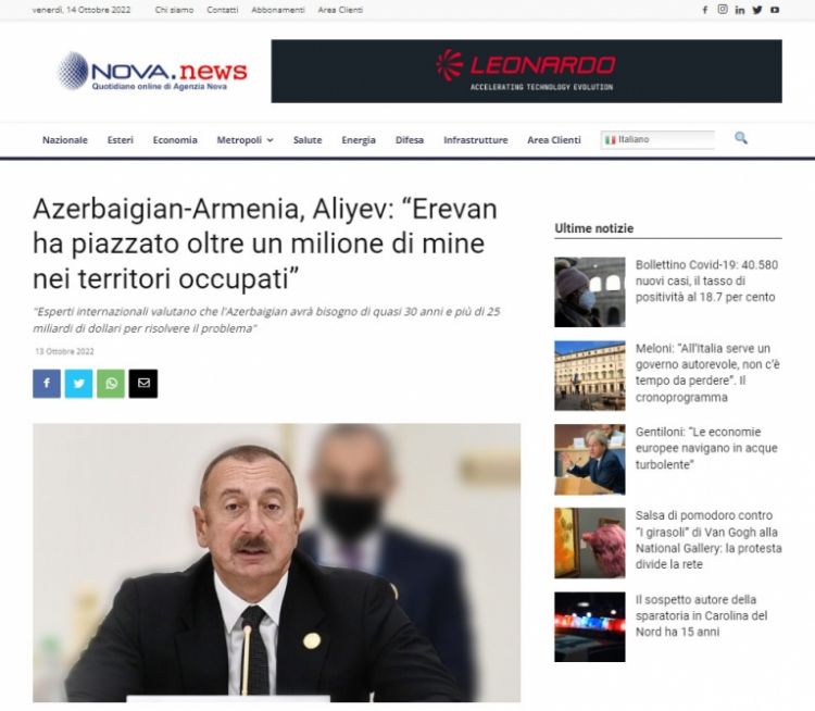 İtaliya saytı Azərbaycan Prezidentinin işğaldan azad olunan ərazilərdəki mina problemi ilə bağlı fikirlərindən yazıb