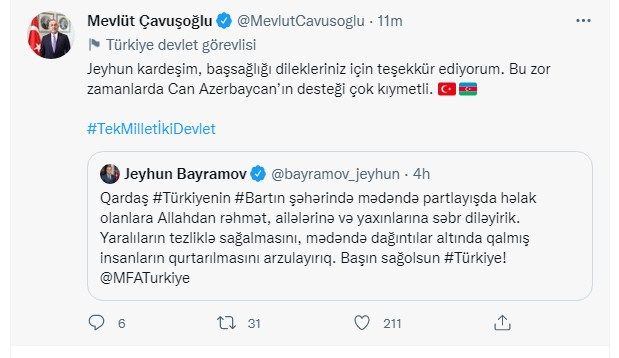 Cavuşoğlu: "Can Azərbaycanın bu çətin günlərdə dəstəyi çox qiymətlidir”