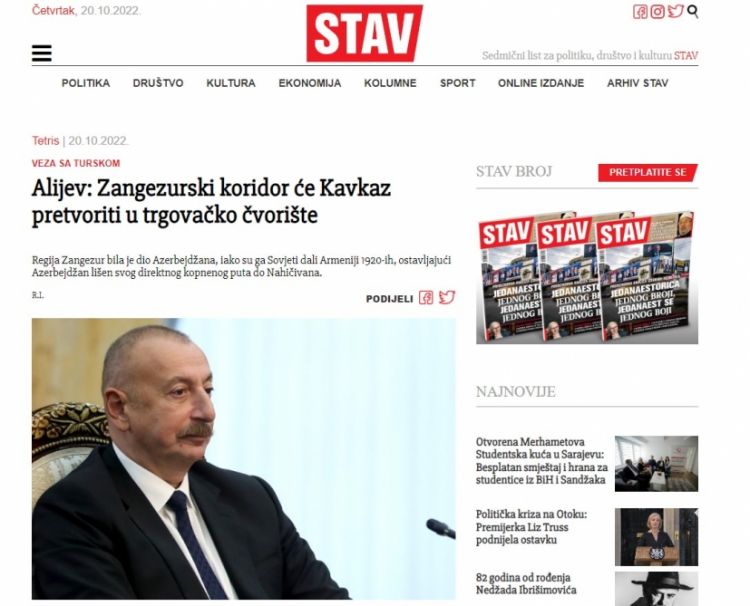 Bosniya və Herseqovina jurnalı Zəngəzur dəhlizinin əhəmiyyətindən yazıb
