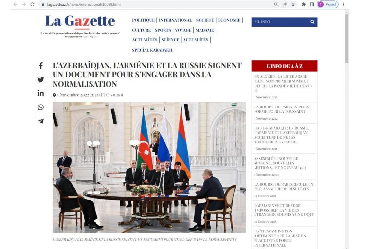 Soçidə Azərbaycan, Rusiya və Ermənistan liderləri arasında keçirilmiş üçtərəfli görüşlə bağlı Parisin “La Gazette” onlayn qəzeti məqalə yayımlayıb