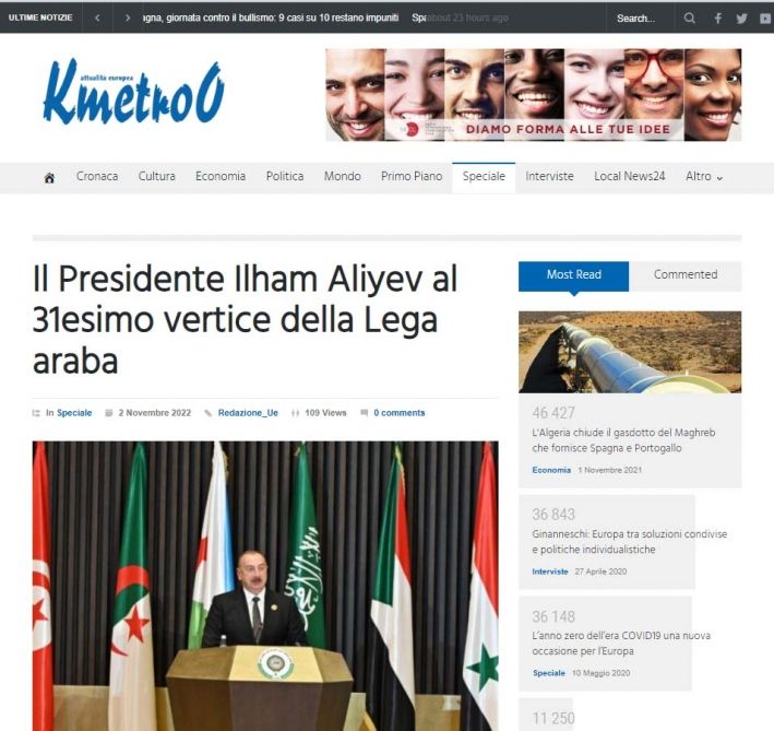İtaliya saytları Azərbaycan Prezidenti İlham Əliyevin Ərəb Dövlətləri Liqasının Zirvə toplantısında iştirakından yazıb