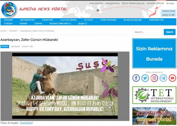 Zəfər Günü ilə bağlı xüsusi videoçarx Yaponiyanın internet resurslarında paylaşılıb 
