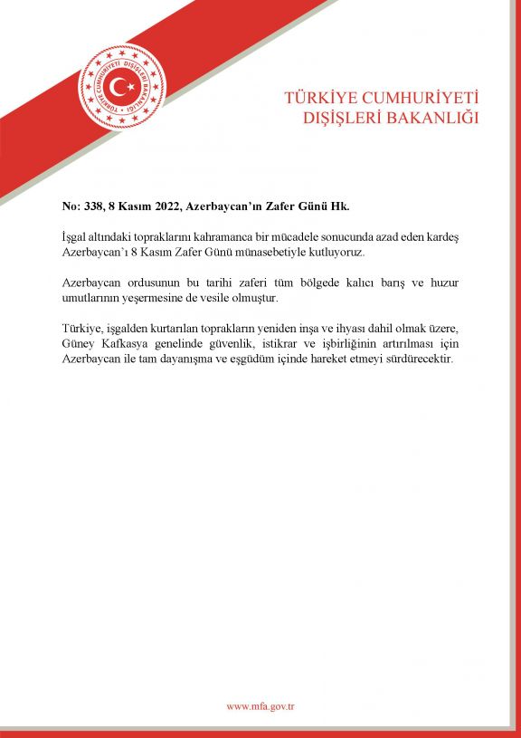 Türkiyə XİN Zəfər Günü münasibətilə Azərbaycan xalqını təbrik edib