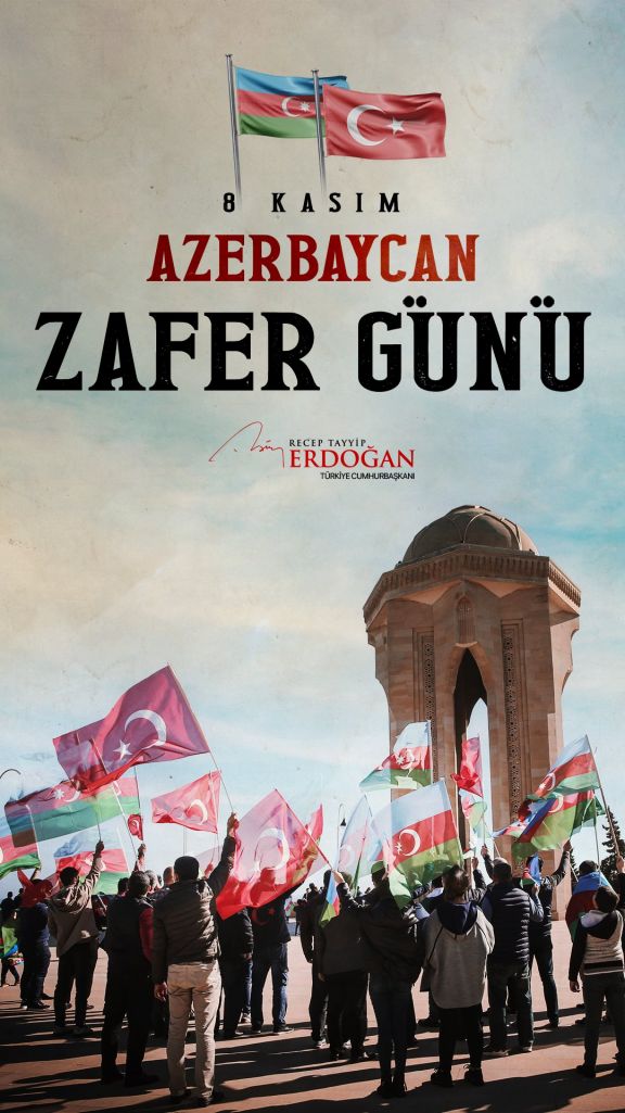 Rəcəb Tayyib Ərdoğan Azərbaycan xalqını Zəfər Günü münasibətilə təbrik edib: Qarabağ Azərbaycandır!