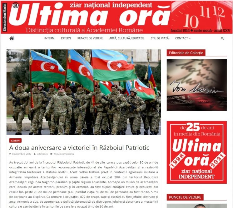 Rumıniya KİV-ində Zəfər Günü ilə bağlı geniş məqalə dərc olunub