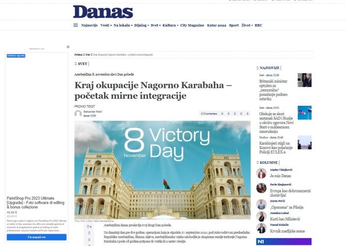 Serbiyanın “Danas” qəzeti Azərbaycanın Zəfər Günü ilə bağlı məqalə dərc edib