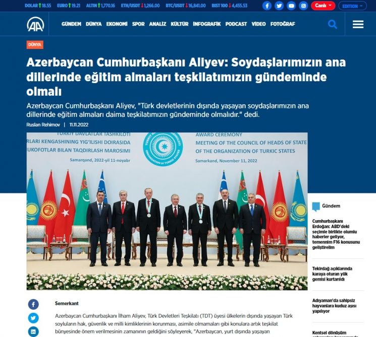 Türkiyə mediası Prezident İlham Əliyevin Səmərqənd Zirvə Görüşündəki nitqinə geniş yer ayırıb