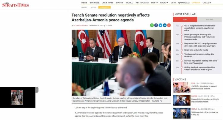 “New Straits Times” qəzeti: Fransa Senatının qətnaməsi Azərbaycan-Ermənistan sülh gündəliyinə mənfi təsir göstərir