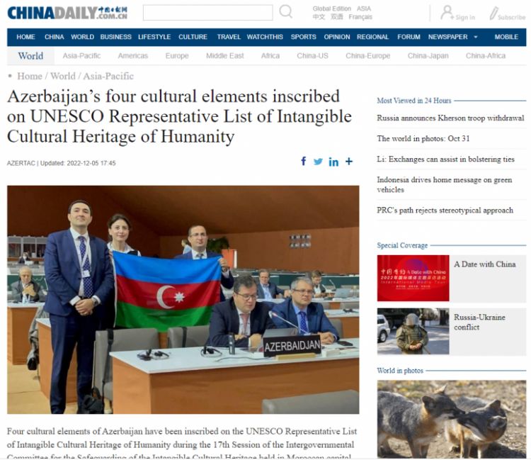 “China Daily” Azərbaycanın mədəni irsinə aid 4 elementin UNESCO-nun siyahısına salınmasından yazır