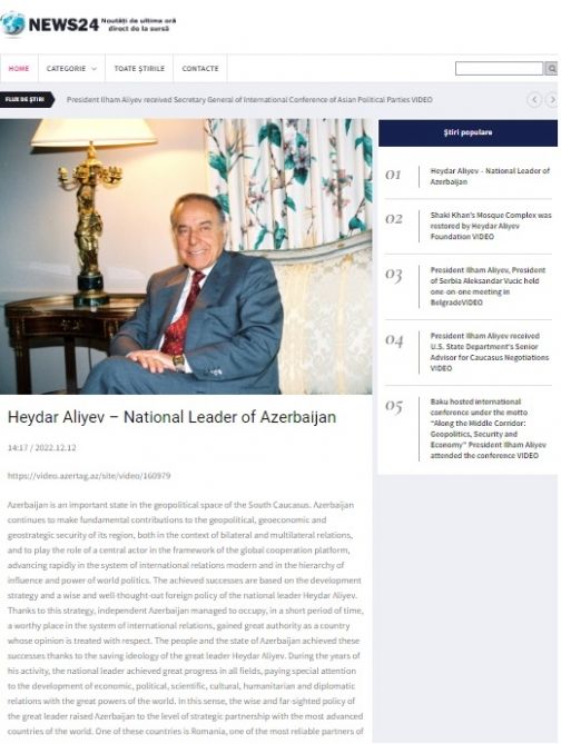 Rumıniya mətbuatı Ulu Öndərlə bağlı məqalə yayıb