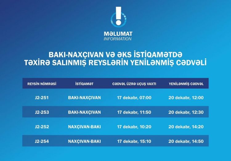 AZAL: "Bakı-Naxçıvan marşrutu üzrə təxirə salınmış reyslərin sərnişinləri bu gün yola düşəcəklər"