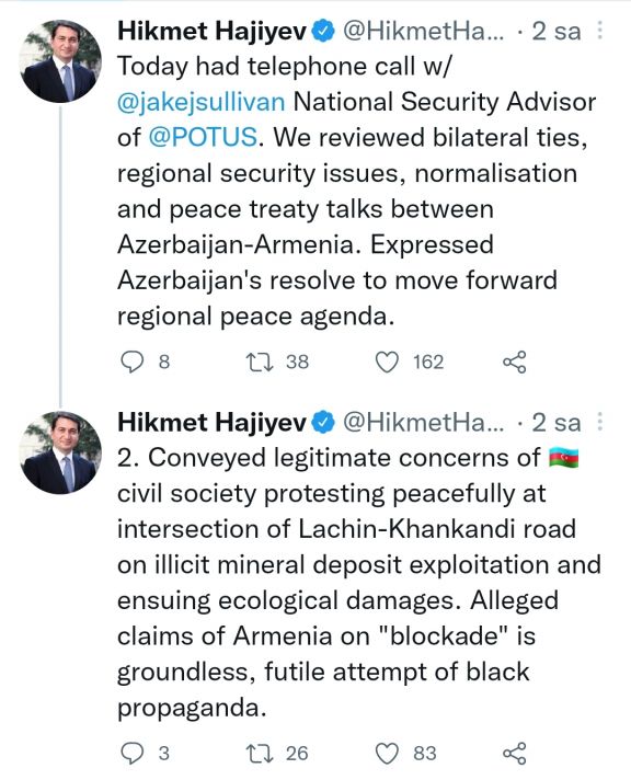Hikmət Hacıyev ABŞ Prezidentinin müşaviri ilə telefon söhbəti barədə paylaşım edib