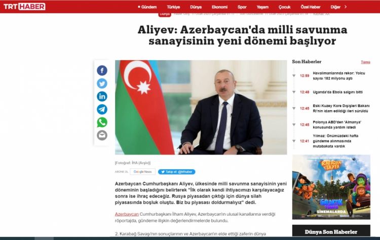 Azərbaycan Prezidentinin yerli televiziya kanallarına müsahibəsi Türkiyə mediasında geniş işıqlandırılıb