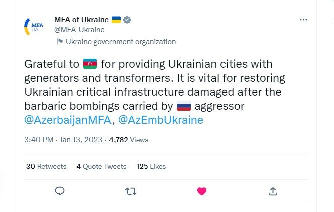 Ukrayna XİN Azərbaycana humanitar yardım üçün təşəkkür edib