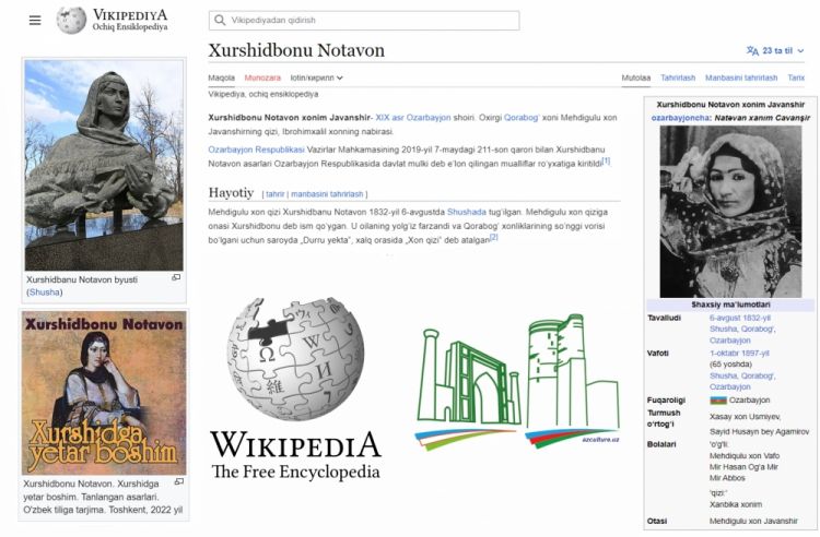  “Wikipediya”da Xurşidbanu Natəvan haqqında özbək dilində bölmə istifadəyə verilib