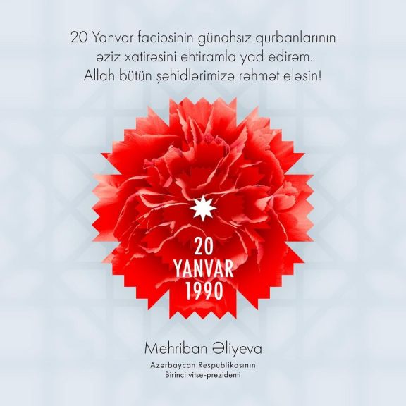 Birinci vitse-prezident Mehriban Əliyeva 20 Yanvar faciəsinin ildönümü ilə bağlı paylaşım edib