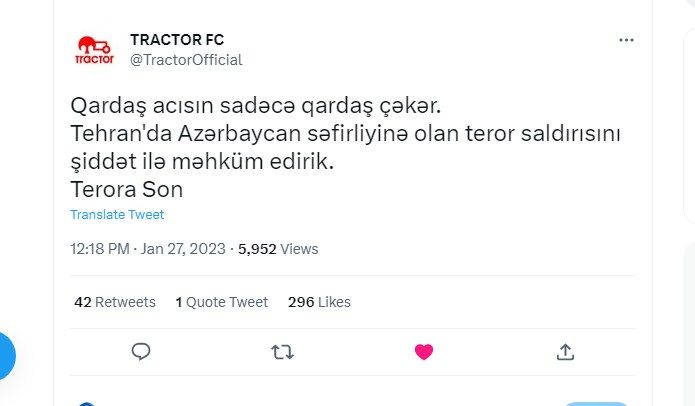 "Traktor" FK Tehrandakı terroru pisləyib: “Qardaş acısını qardaş çəkər"