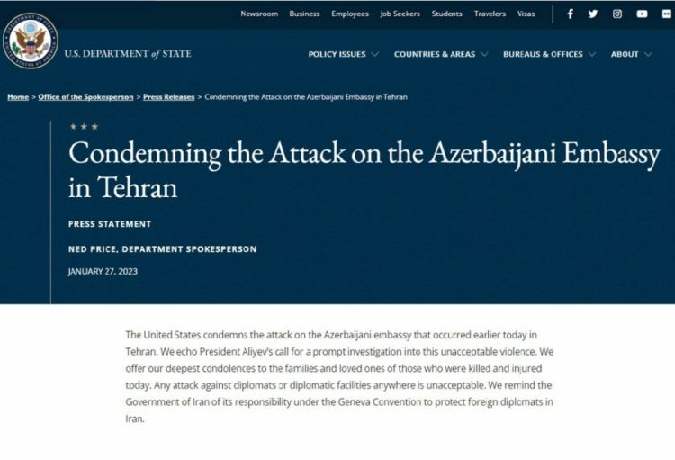 ABŞ Dövlət Departamenti Azərbaycanın İrandakı səfirliyinə terror hücumunu kəskin qınayıb