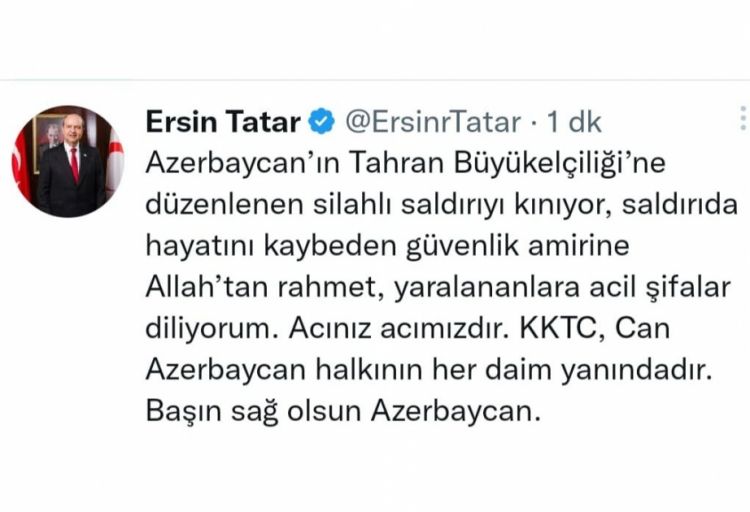 Şimali Kipr Türk Respublikasının Prezidenti Azərbaycan xalqına başsağlığı verib