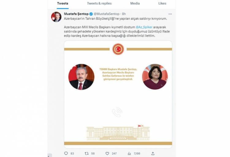 Türkiyə parlamentinin sədri Azərbaycan səfirliyinə qarşı törədilən terror aktını kəskin şəkildə pisləyib