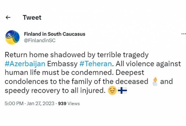Finlandiya səfirliyi Azərbaycanın İrandakı səfirliyinə terror hücumu ilə əlaqədar paylaşım edib