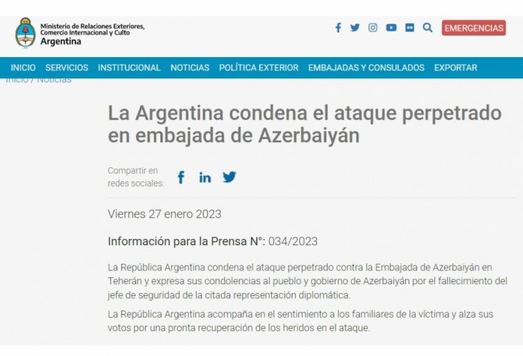 Argentina XİN Azərbaycanın Tehrandakı səfirliyinə hücumu pisləyib