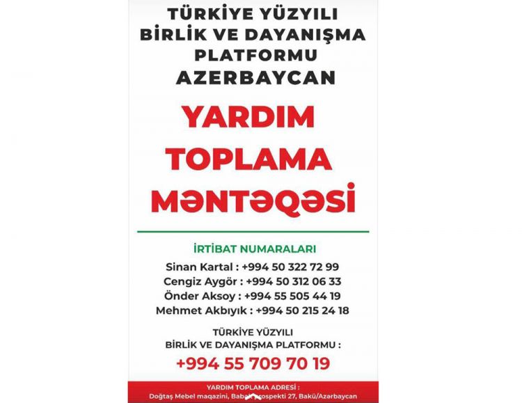 Türkiyə səfirliyi zəlzələdən zərərçəkənlərə yardımla bağlı Azərbaycan vətəndaşlarına müraciət edib