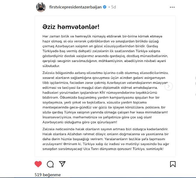 Azərbaycanın Birinci vitse-prezidenti: "Türkiyə, səninləyik!"