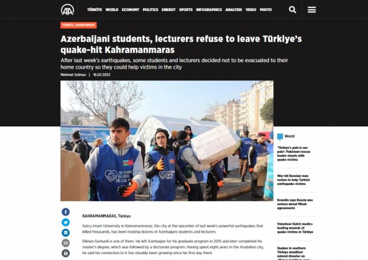 Türkiyə mediası: Azərbaycanın könüllüləri də zəlzələdən zərər çəkənlər üçün səfərbər olunub