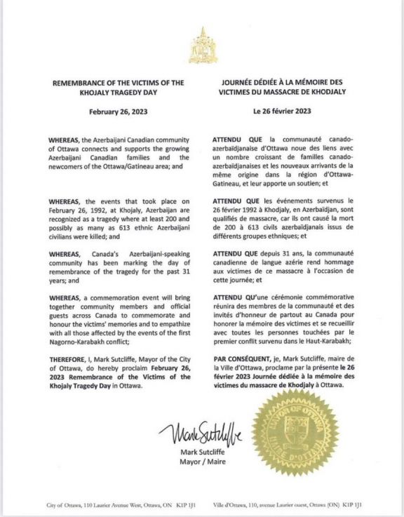 Kanada paytaxtında 26 fevral Xocalı faciəsi qurbanlarının Anım Günü elan olunub