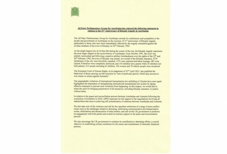 Britaniyalı deputatlar: Xocalı qətliamının günahkarları ədalət qarşısına çıxarılmalıdır