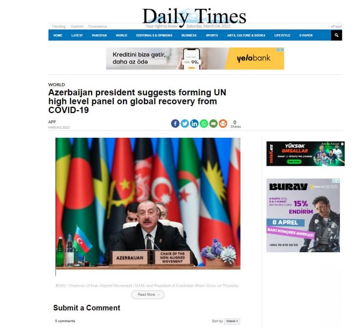  Prezident İlham Əliyevin Qoşulmama Hərəkatının Bakı Zirvə görüşündə çıxışı beynəlxalq KİV-lər tərəfindən geniş işıqlandırılıb