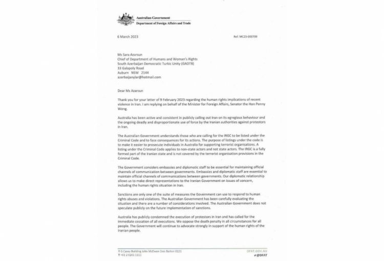 Avstraliya hökuməti İrandakı durumla əlaqədar Azərbaycan icmasının müraciətinə cavab verib