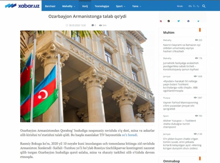 Özbəkistan mətbuatı Ermənistanın Azərbaycana qarşı son silahlı təxribatından yazıb