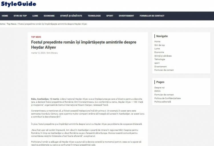 Rumıniya portalı sabiq Prezident Emil Konstantineskunun Ulu Öndərlə bağlı xatirələrini yayıb