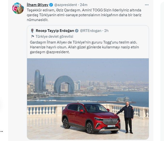 Prezident İlham Əliyev Rəcəb Tayyib Ərdoğana təşəkkür edib