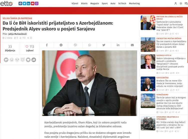 Bosniya və Herseqovina KİV-ləri Prezident İlham Əliyevin bu ölkəyə səfəri ərəfəsində Azərbaycanla bağlı silsilə məqalələr yayımlayıb<font color=red> - FOTOLAR</font>