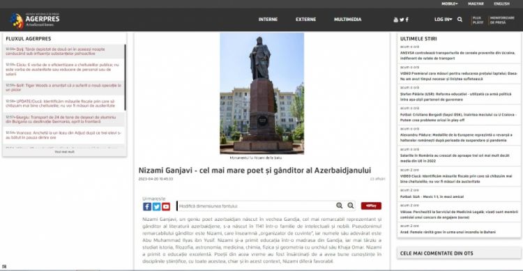Rumıniyanın “Agerpres” milli xəbər agentliyi Nizami Gəncəvi yaradıcılığı barədə geniş məqalə yayıb