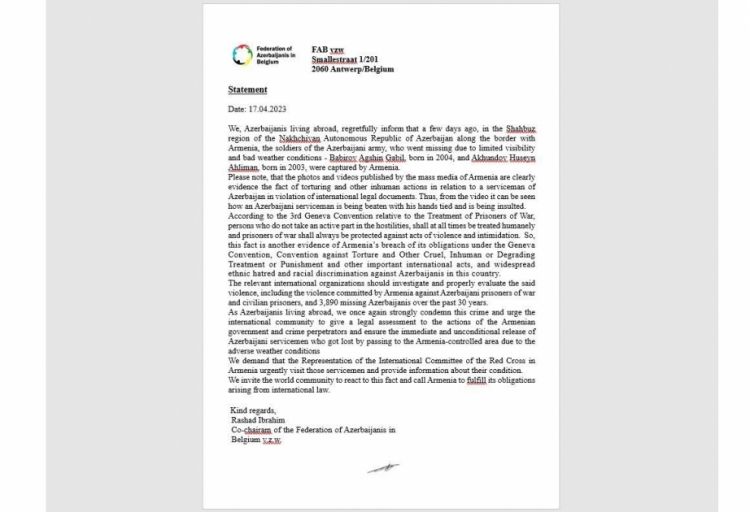 Belçikadakı icmamız Ermənistanın barbar davranışına etirazını bildirib