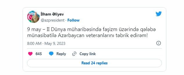 Prezident İlham Əliyev faşizm üzərində qələbə münasibətilə Azərbaycan veteranlarını təbrik edib