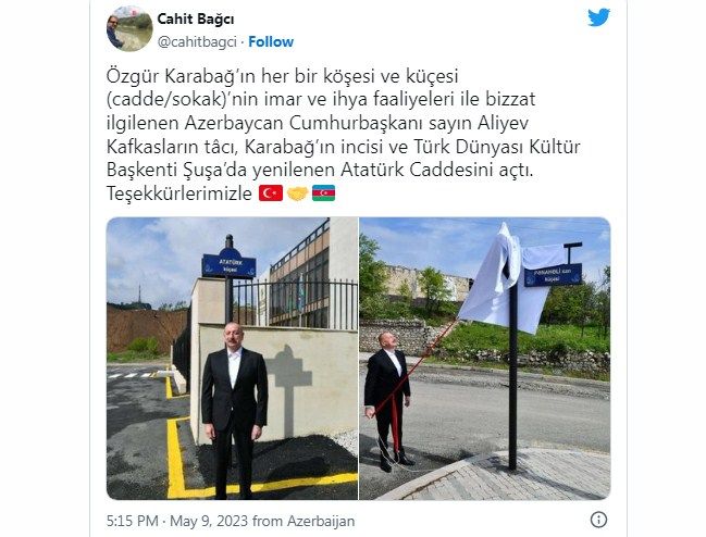 Türkiyə səfiri Şuşada Atatürk küçəsinin açılmasına görə Prezident İlham Əliyevə təşəkkür edib