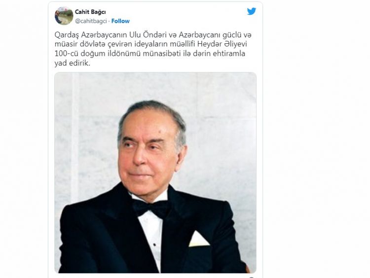 Türkiyənin Azərbaycandakı səfiri Heydər Əliyevin 100 illik yubileyi ilə bağlı paylaşım edib