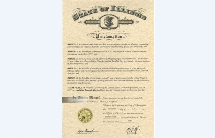 ABŞ-ın İllinoys ştatında mayın 28-i Azərbaycanın Respublika Günü elan olunub