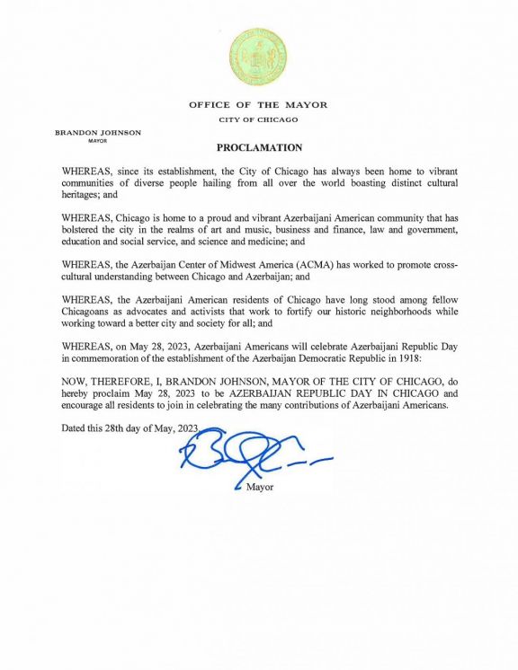 ABŞ-nin Çikaqo şəhərində mayın 28-i Azərbaycanın Müstəqillik Günü elan olunub