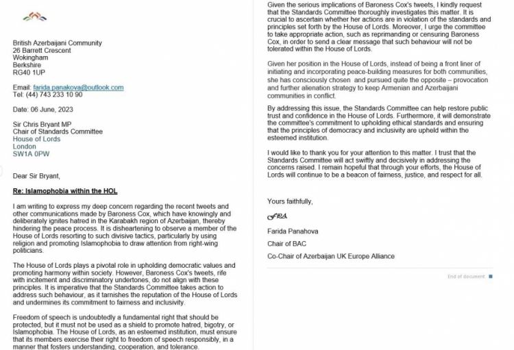 Britaniyadakı icmamız baronessa Koksun cəzalandırılması tələbi ilə parlament komitəsinə müraciət edib