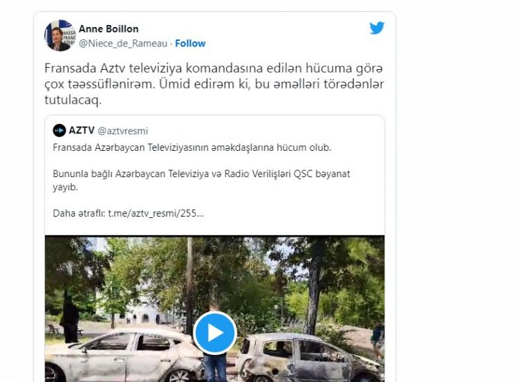 Fransa səfiri: "AzTV-nin çəkiliş qrupuna hücumdan çox təəssüflənirəm"