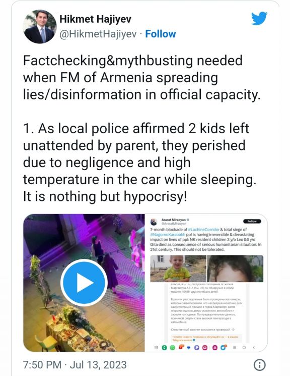 Hikmət Hacıyev: “Ermənistanın XİN rəhbərinin paylaşımı riyakarlıqdan başqa bir şey deyil”